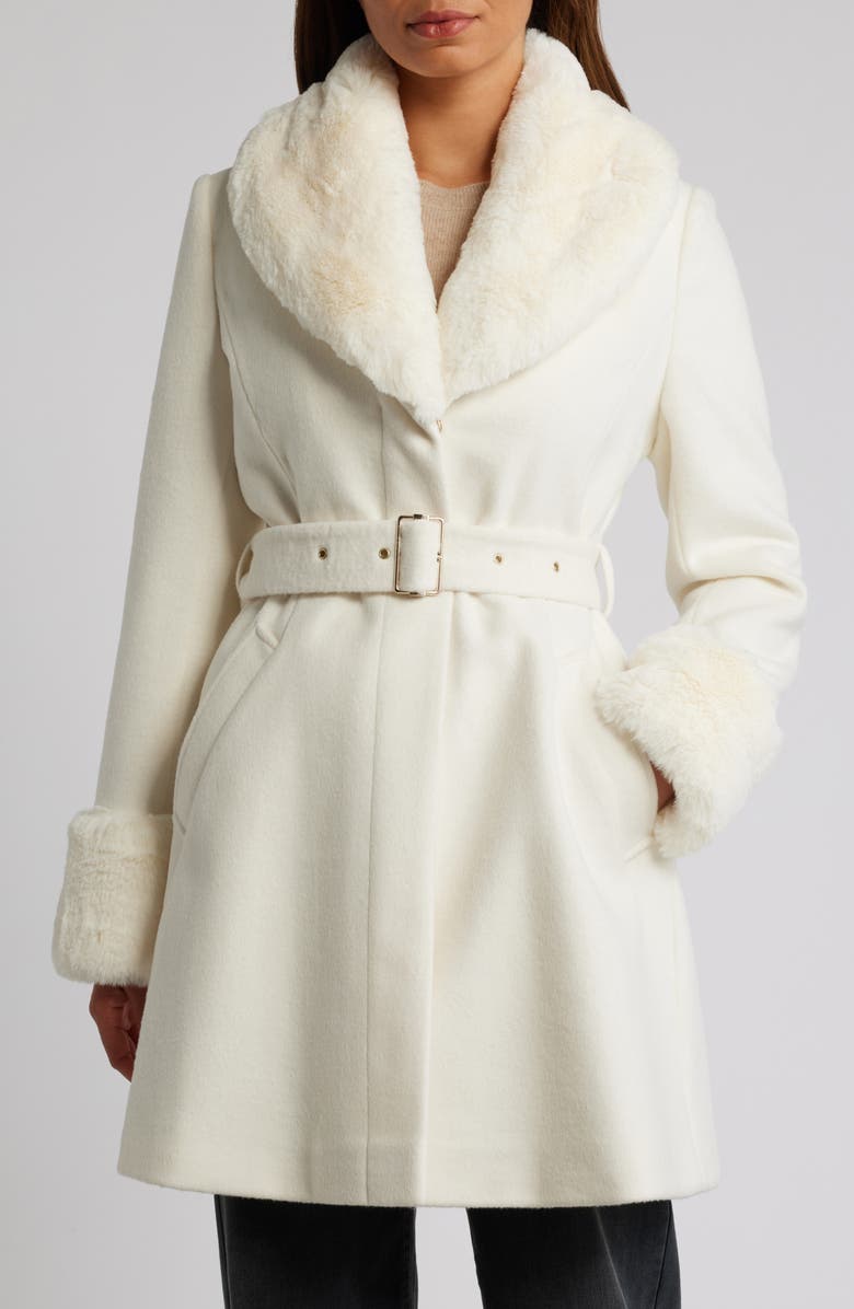 Via Spiga Belted Wool Blend Coat with Faux Fur Trim, Main, color,