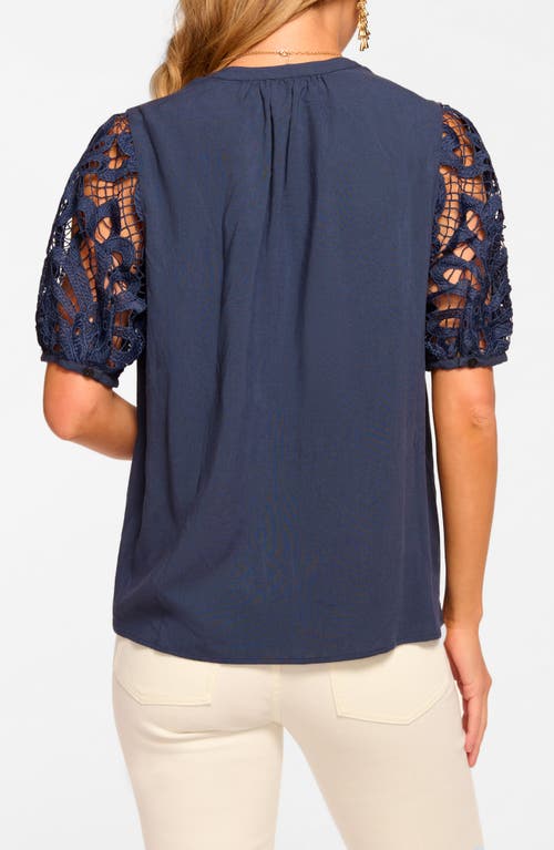 Shop Ramy Brook Gia Lace Sleeve Button-up Top In Spring Navy Eyelet