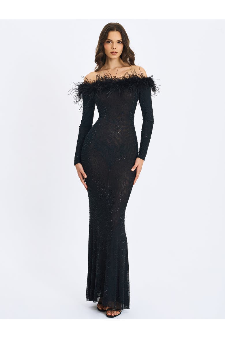 Emberly Fur Trimmed Off-Shoulder Rhinestone Mesh Mermaid Dress, Alternate, color, Black