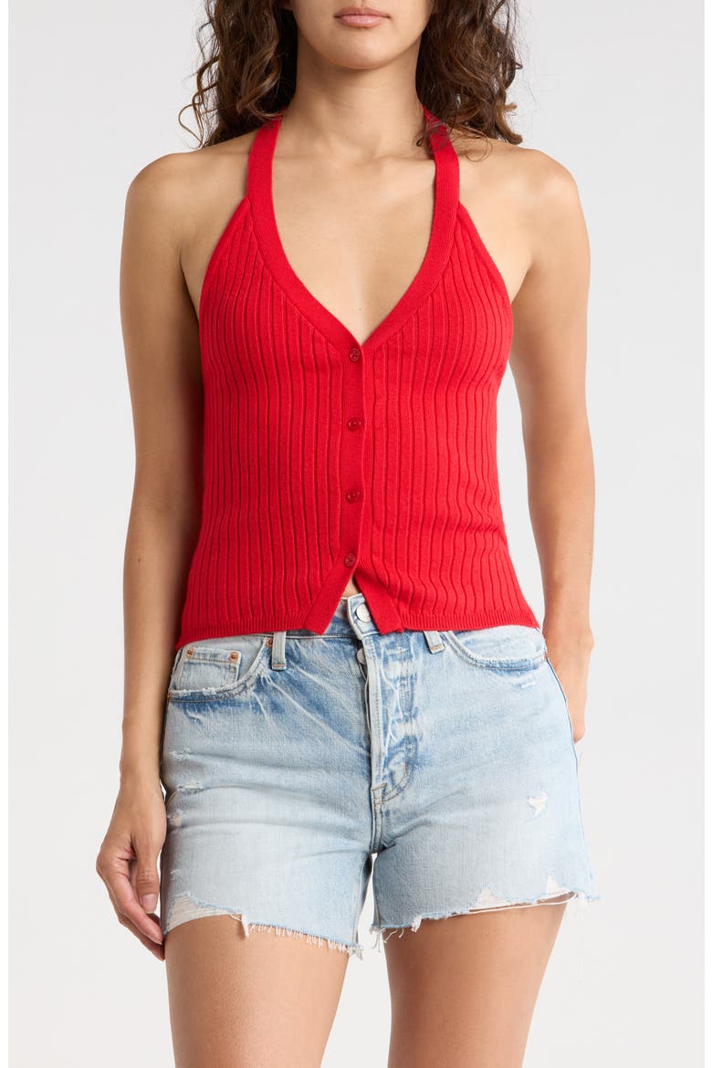 Rib Button-Front Halter Top, Main, color, RED