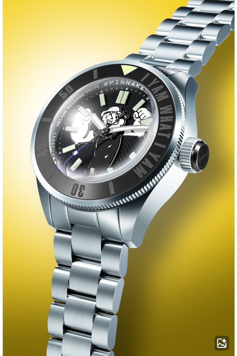 x Popeye Forearm Fury Piccard Automatic Bracelet Watch, 45mm, Alternate, color, BLACK