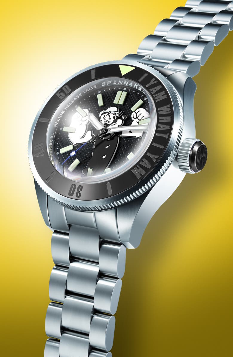 SPINNAKER x Popeye Forearm Fury Piccard Automatic Bracelet Watch, 45mm, Alternate, color, Black
