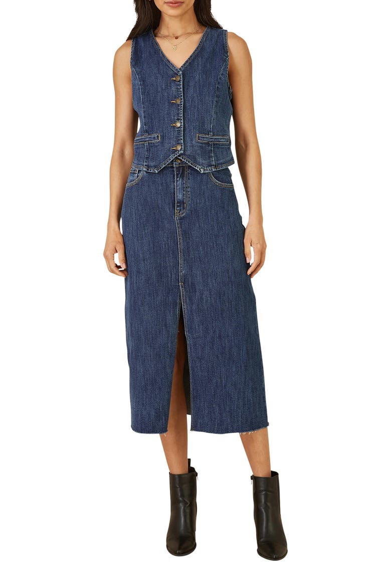 Button Up Denim Stretch Waistcoat, Alternate, color, Blue
