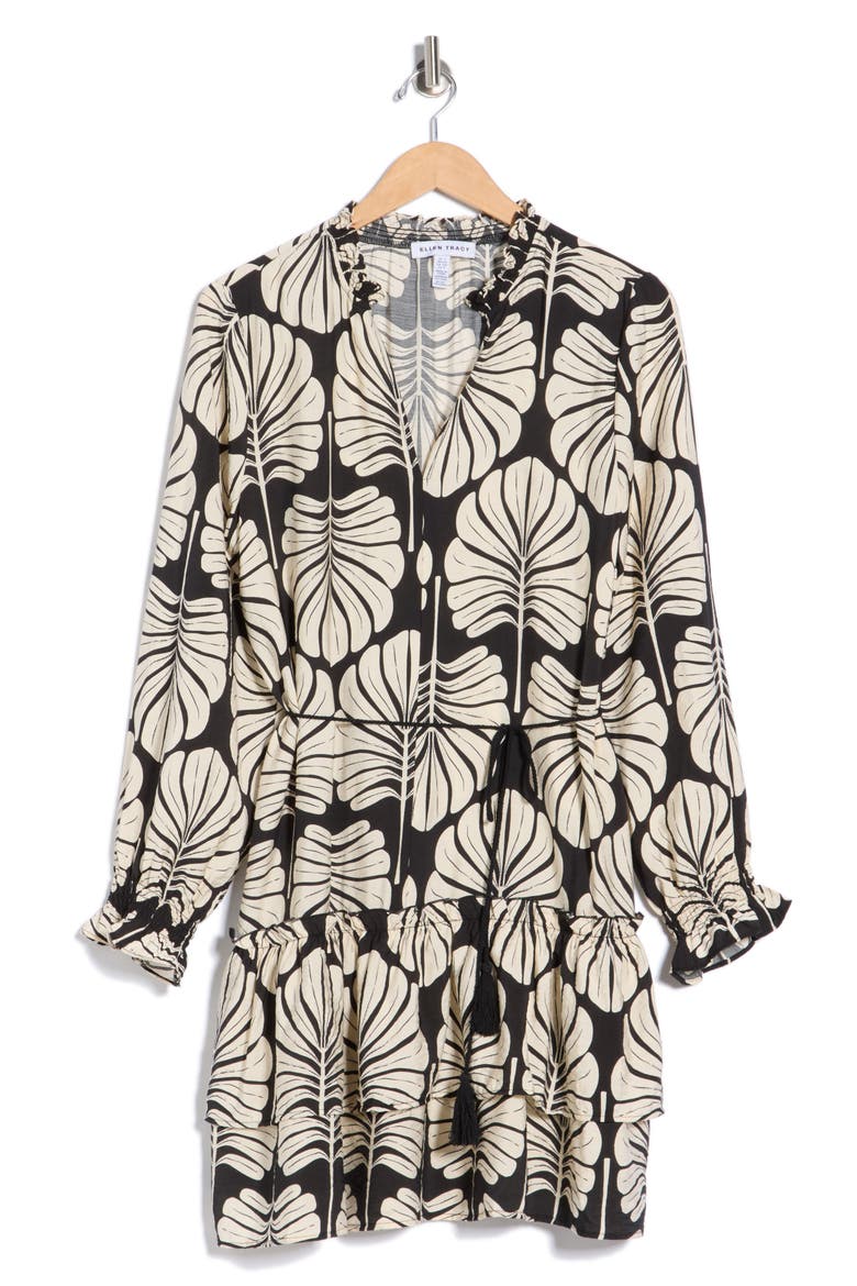 V-Neck Long Sleeve Dress, Alternate, color, BLACK PALM LEAF