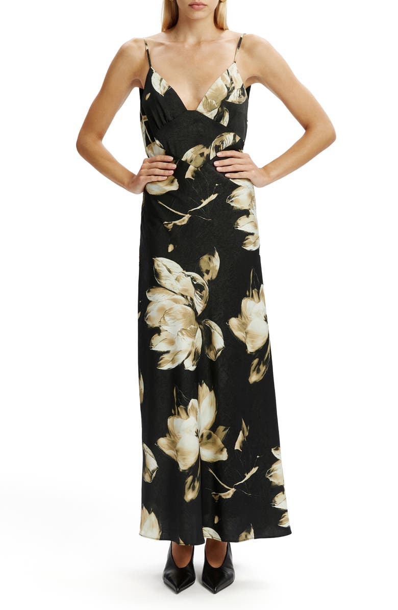 Bardot Capri Floral Print Satin Slipdress, Main, color, Black Floral