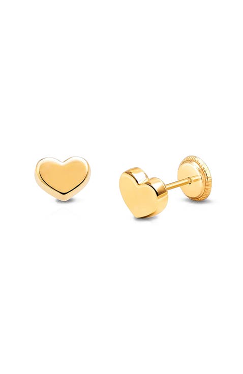 14K Gold Modern Heart Studs Screw Back Earrings