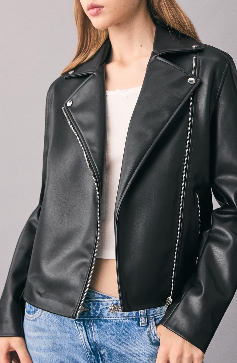 MANGO TEEN Faux Leather Biker Jacket, Main, color, Black