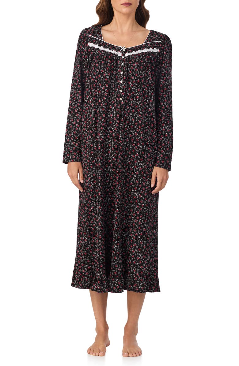 Eileen West Lace Trim Ballet Nightgown, Main, color, Black Floral Print