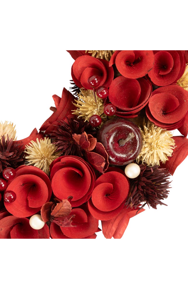 Northlight Wooden Roses, Apples and Pearls Artificial Christmas Wreath - 13" - Unlit - Red, Alternate, color, Red