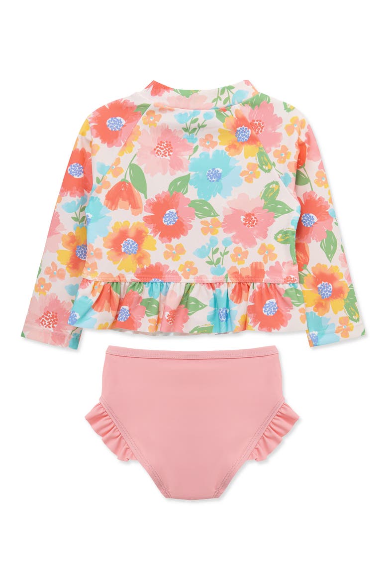 Kids' Floral Ruffle Long Sleeve Two-Piece Rashguard Swimsuit, Alternate, color, PINK