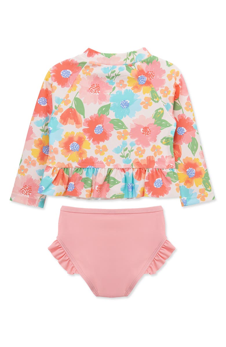 Little Me Kids' Floral Ruffle Long Sleeve Two-Piece Rashguard Swimsuit, Alternate, color, Pink
