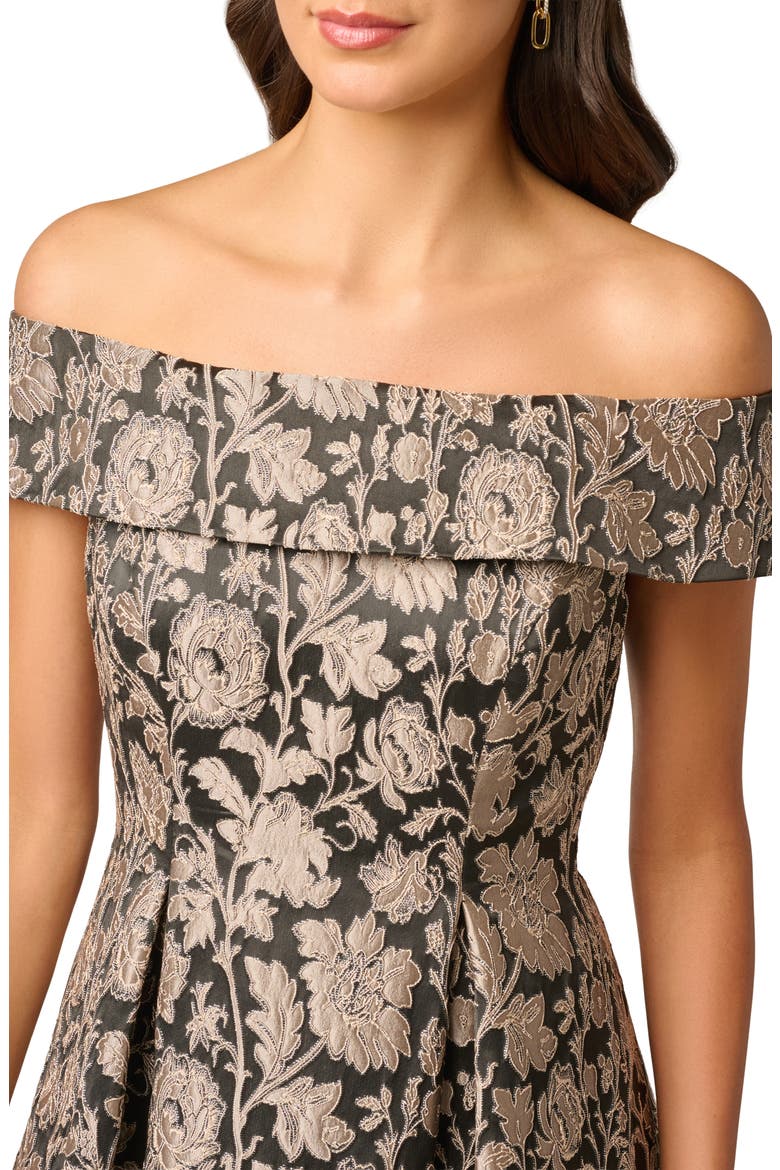 Off the Shoulder Jacquard Gown, Alternate, color, BLACK/ TAUPE