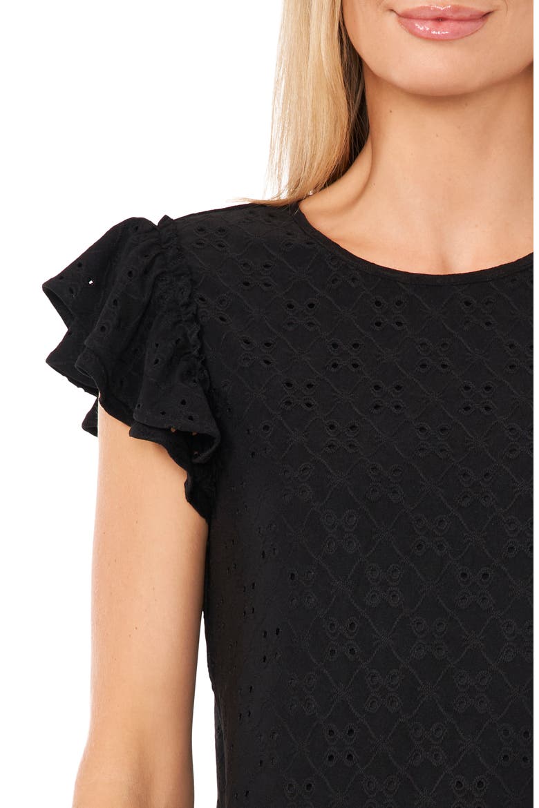 Double Ruffle Sleeve Eyelet Knit Top, Alternate, color, RICH BLACK