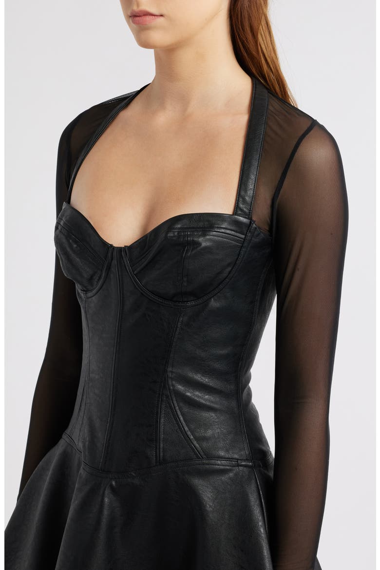 Faux Leather & Mesh Corset Minidress, Alternate, color, DARK PLUM