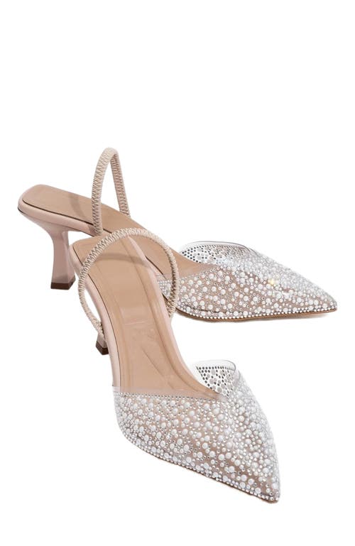 Forever & Always Shoes Whena Embellished Slingback Kitten Heel Pumps In Transparent With Pearls