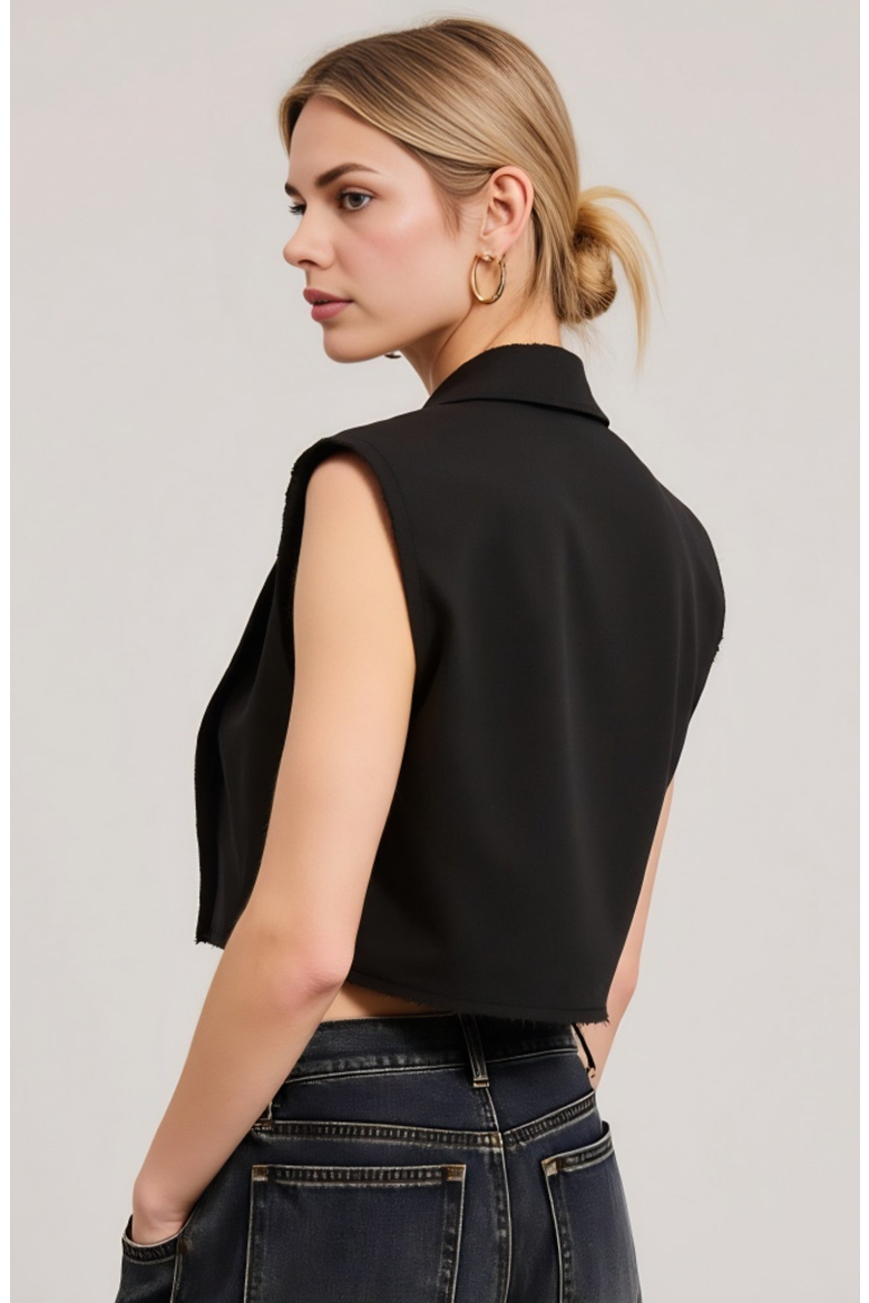 Sleeveless Cropped Raw-Edge Notched-Collar Blazer Vest, Alternate, color, Black