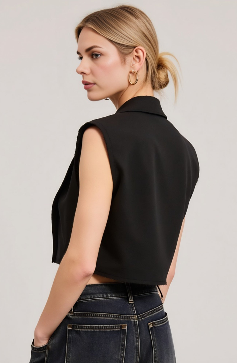 Modenaire Sleeveless Cropped Raw-Edge Notched-Collar Blazer Vest, Alternate, color, Black