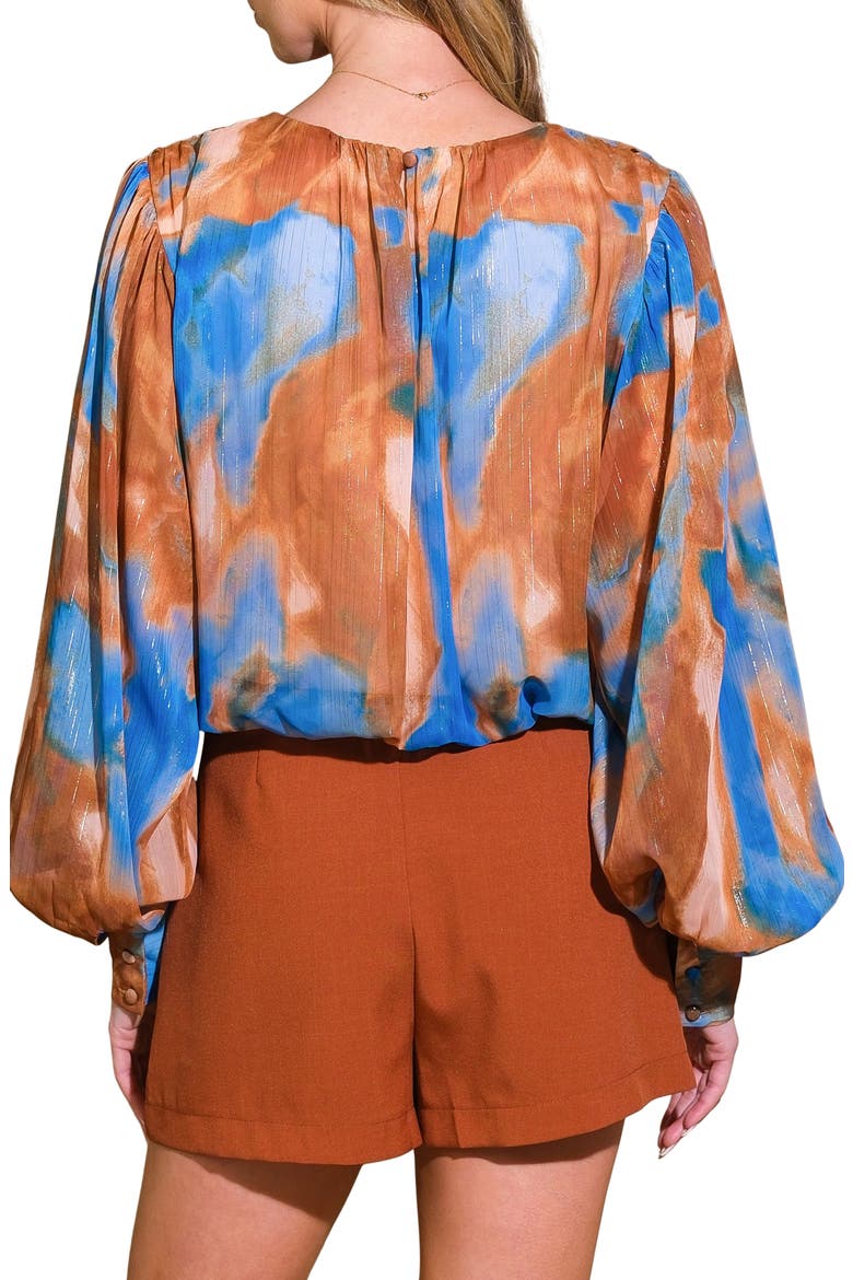 Print Lurex Bishop Sleeve Top, Alternate, color, BROWN BLUE