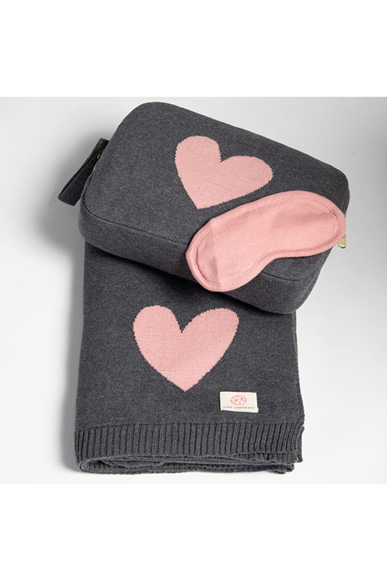 Hearts Reversible Organic Cotton Travel Blanket and Eye Mask Set, Alternate, color, Pink