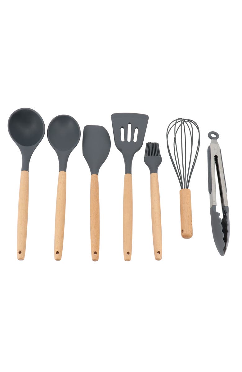 Gibson Home Holton 7 Piece Silicone Beech Wood Kitchen Tool Set, Main, color, Gray