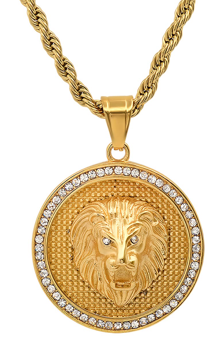 HMY JEWELRY 18k Gold Plated Stainless Steel Round Lion Simulated Diamond Necklace, Alternate, color,