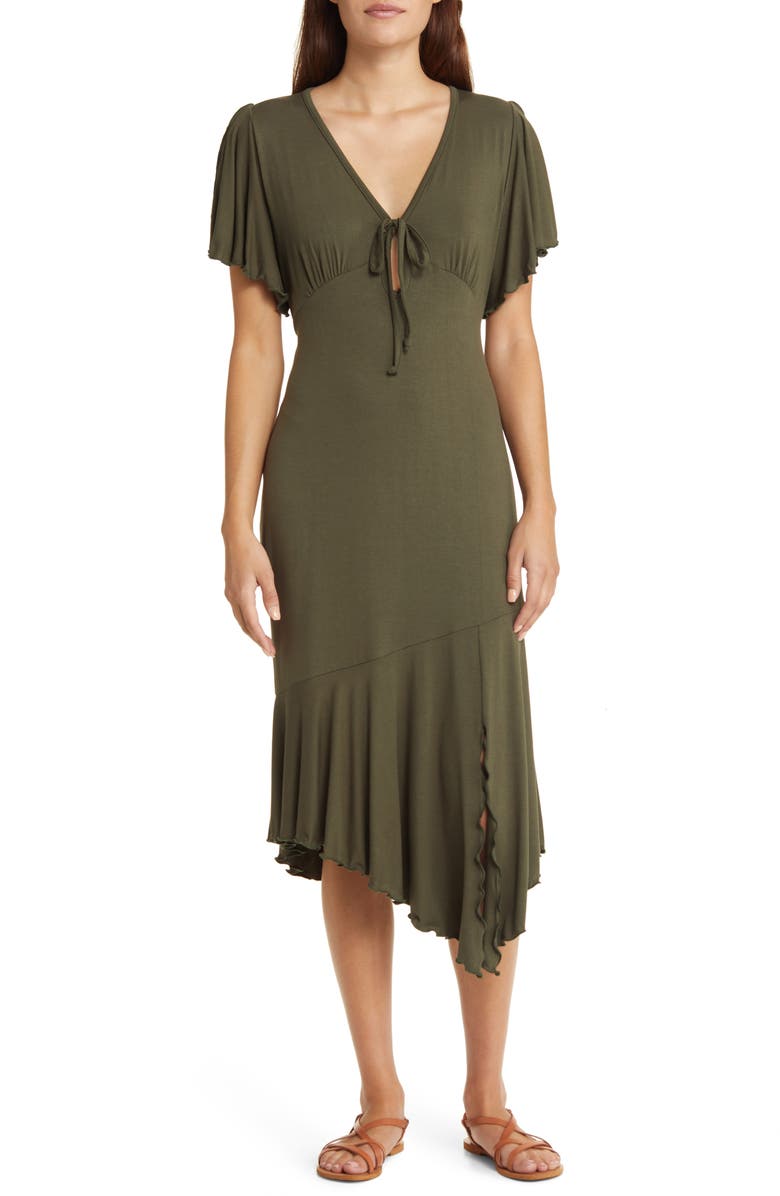 Loveappella Flouncy Tie Front Asymmetric Hem Sheath Dress, Main, color, Olive