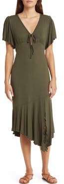 Loveappella Flouncy Tie Front Asymmetric Hem Sheath Dress
