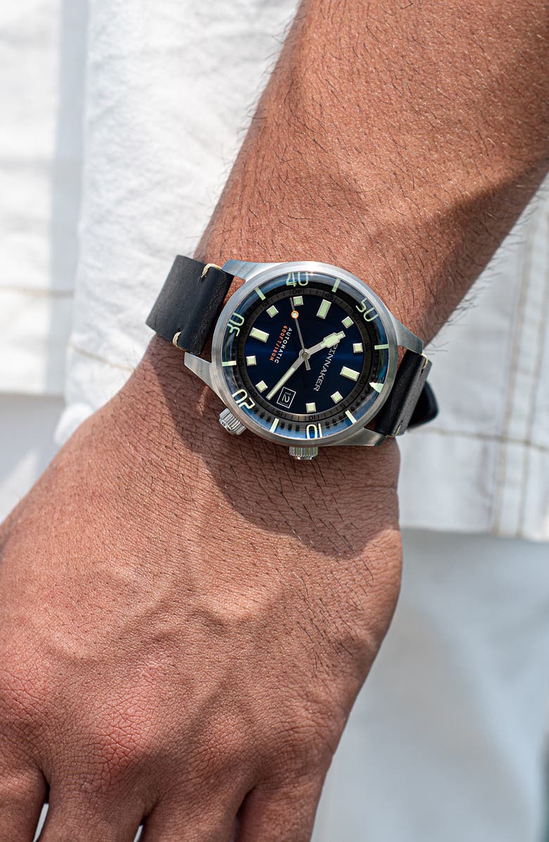 SPINNAKER Bradner Automatic Leather Strap Watch, 42mm, Alternate, color, Blue