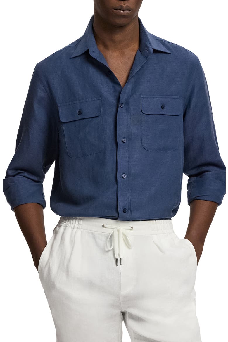 Silk & Linen Button-Up Shirt, Main, color, BLUE