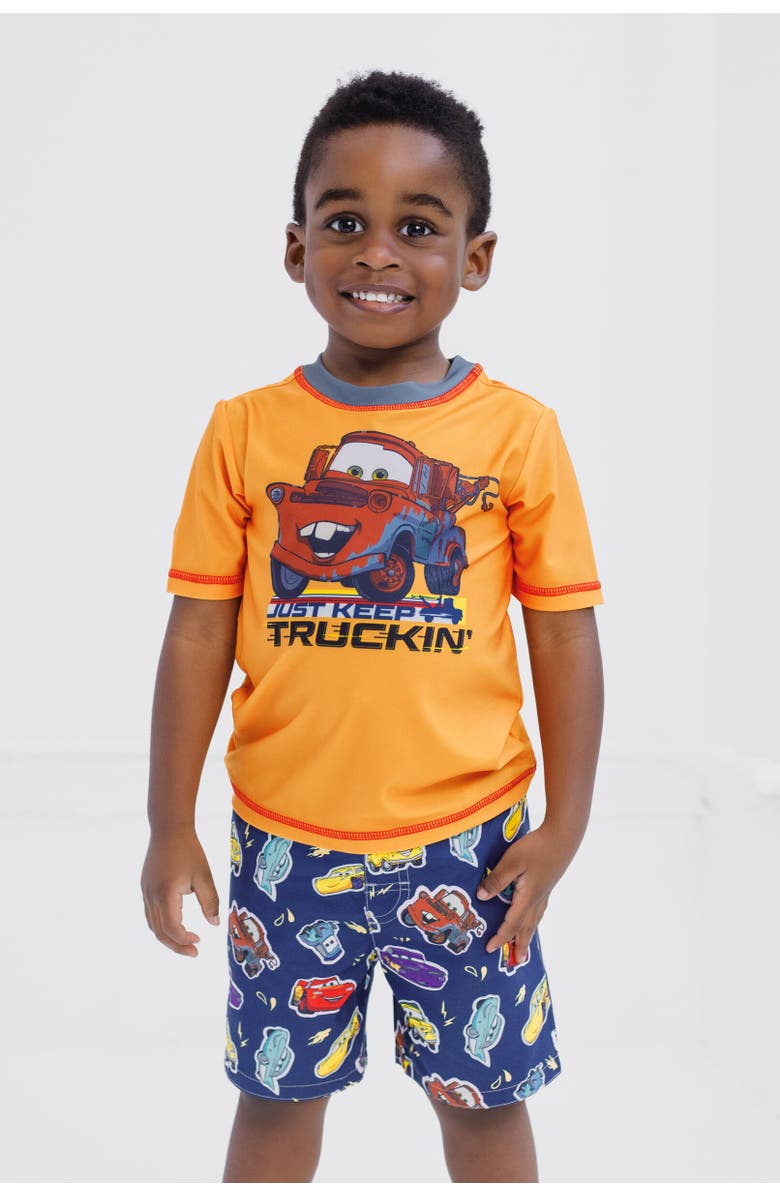 Disney Cars Short Sleeve Rash Guard & Swim Trunks, Alternate, color, Orange Cars Just Keep Truckin'