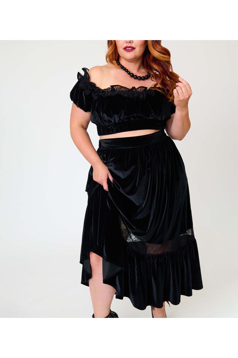 Plus Size 1970s Off Ruffle Up Crop Top, Alternate, color, Black Solid