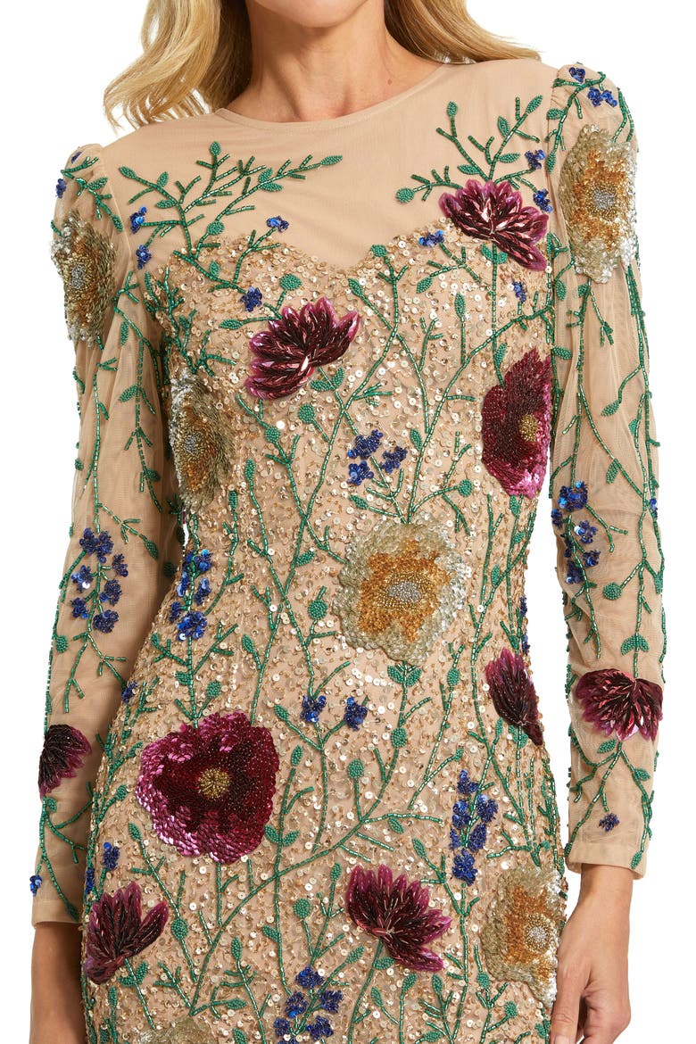 Long Sleeve Sheer Bustier Floral Embroidered Dress, Alternate, color, Nude Multi