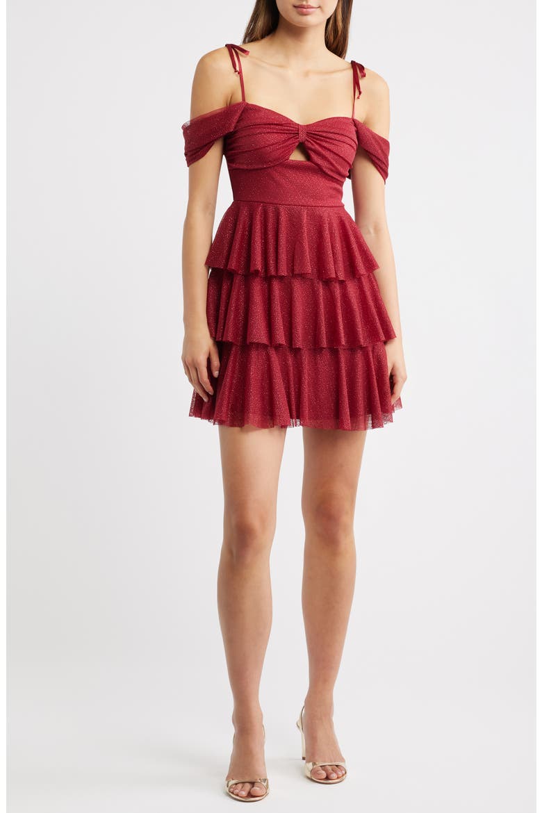 Glitter Layered Ruffle Tie Strap Minidress, Main, color, WINE