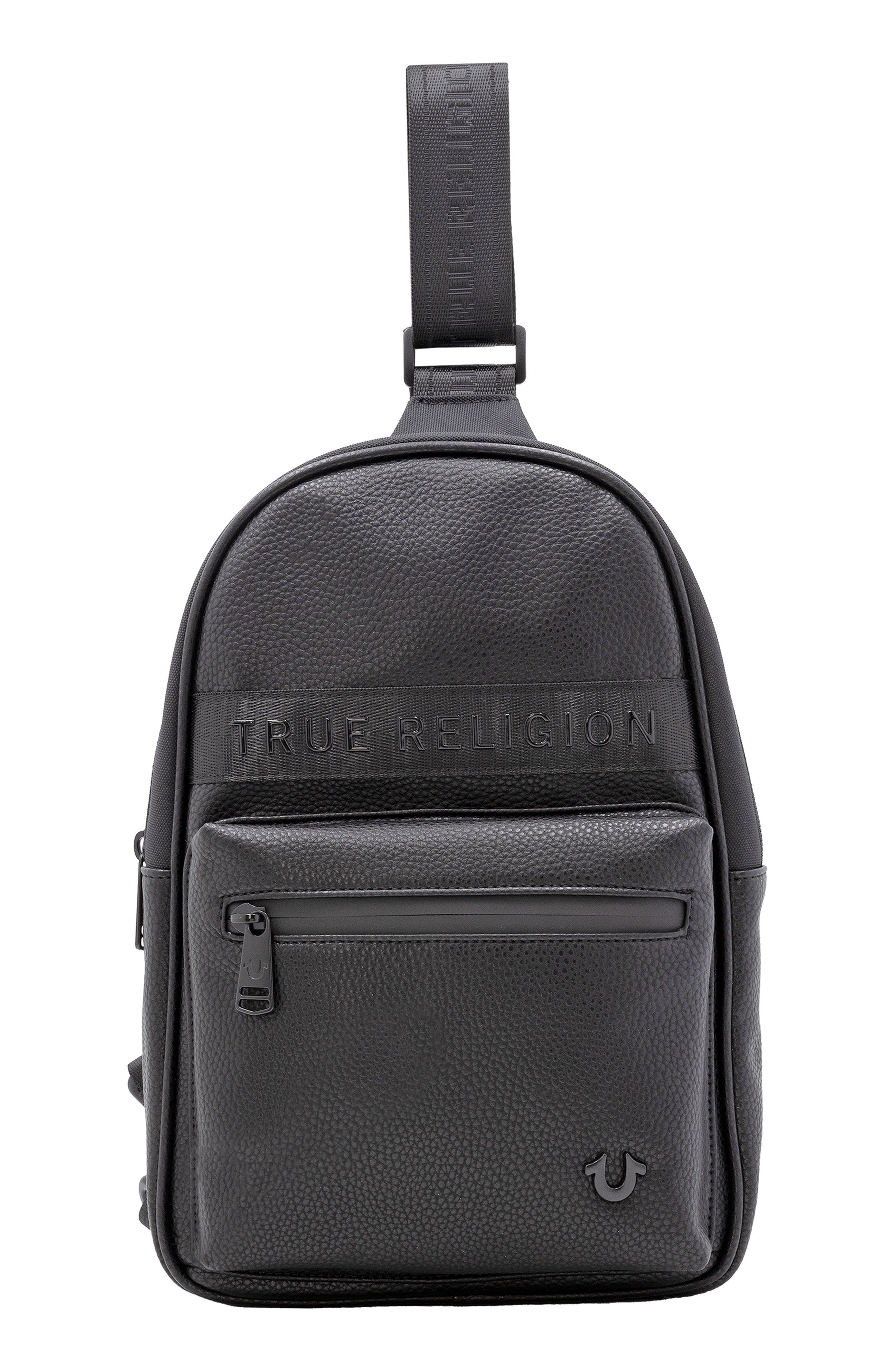 True Religion Rivers Faux Leather Sling Bag, Main, color, Black