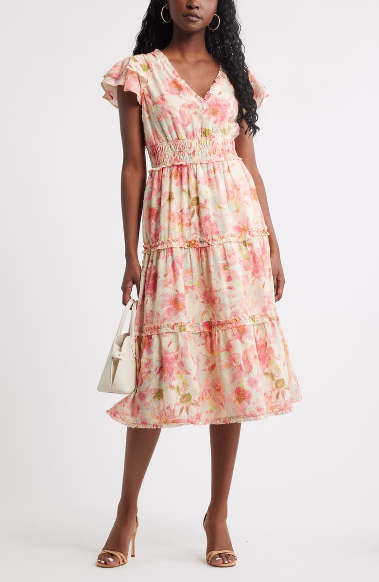Chelsea28 Flutter Sleeve Tiered Cotton Midi Sundress, Main, color, Pink- Ivory Gia Floral
