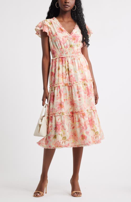 Chelsea28 Flutter Sleeve Tiered Cotton Midi Sundress In Multi