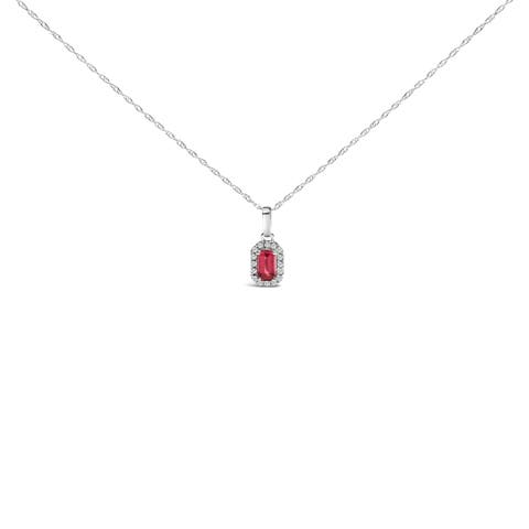 10K White Gold 5x3mm Birthstone and Diamond Accent Halo Octagonal Shape Pendant Necklace