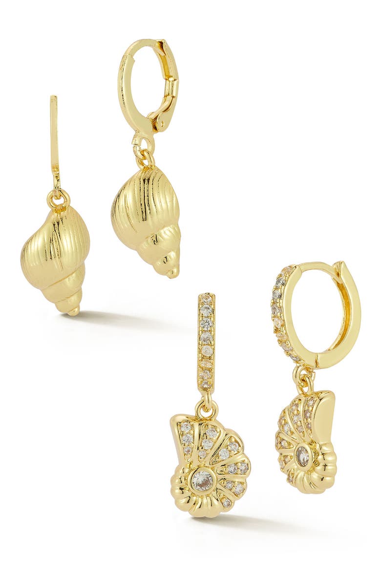 Set of 2 Shell Drop Huggie Hoop Earrings, Main, color, GOLD