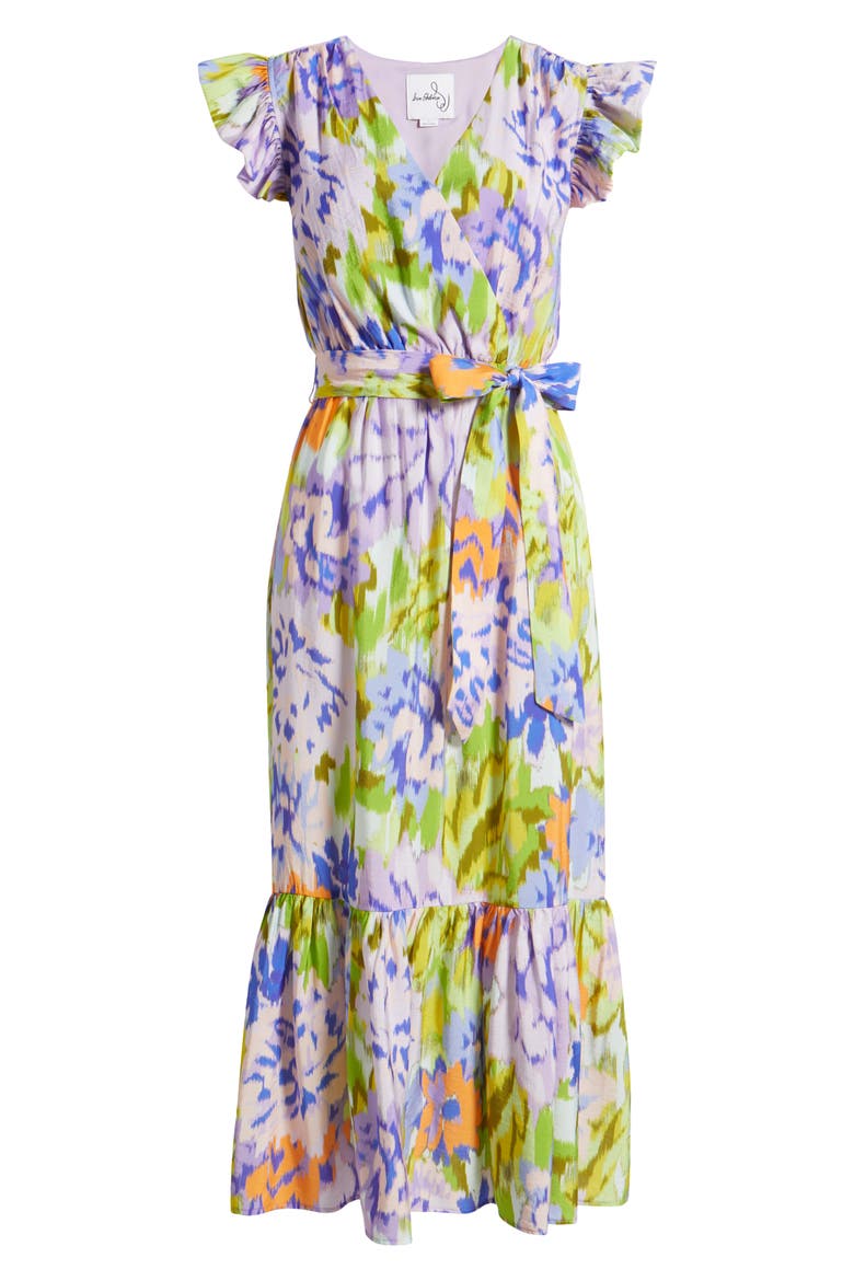 Print Wrap Front Flutter Sleeve Midi Dress, Alternate, color, LAVENDER MULTI