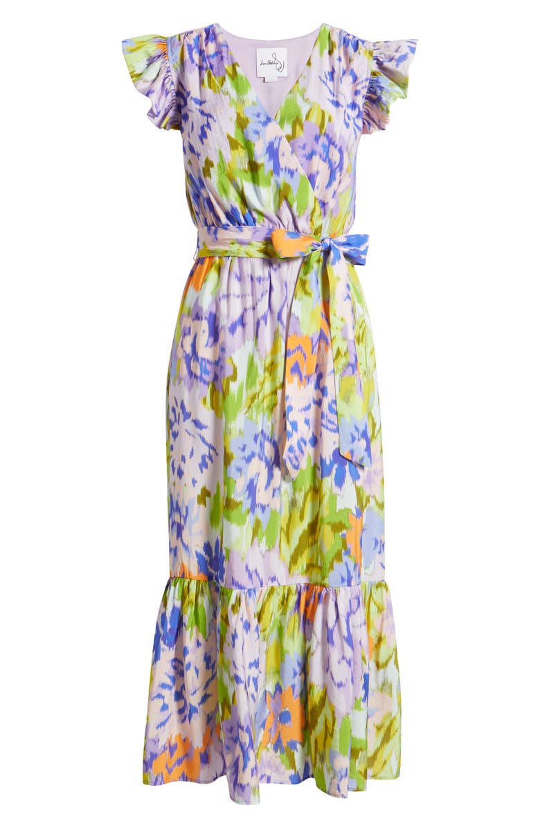 Sam Edelman Print Wrap Front Flutter Sleeve Midi Dress, Alternate, color, Lavender Multi