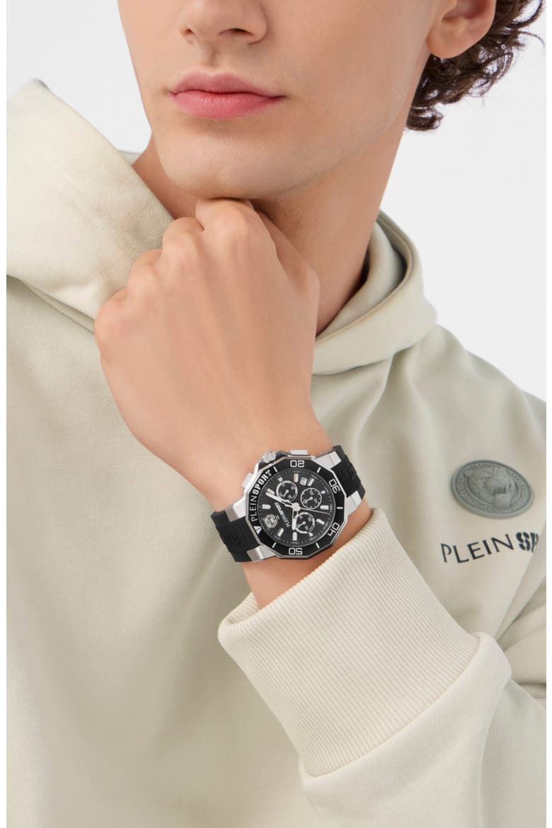 Titan Three Hand Quartz Silicone Strap Watch, 46mm, Alternate, color, STAINLESS STEEL/BLACK