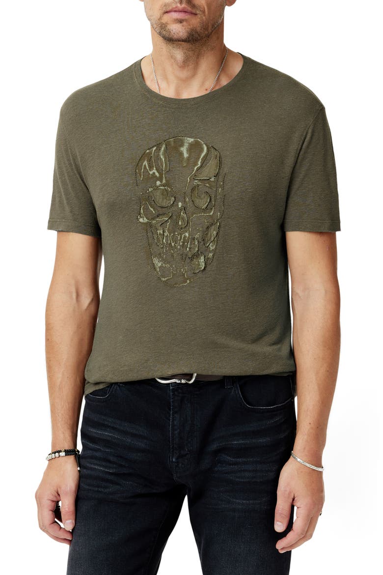 Chain Skull Appliqué Slub Linen Blend T-Shirt, Main, color, OLIVE LEAF