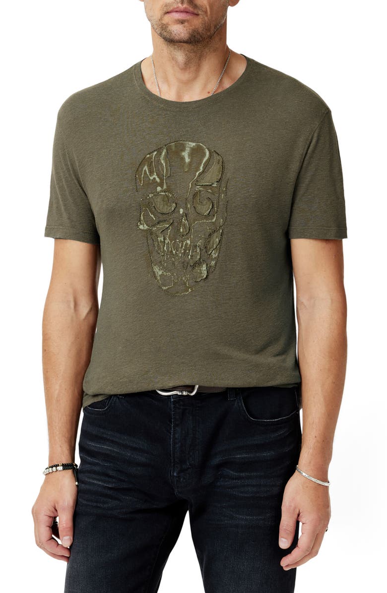 John Varvatos Chain Skull Appliqué Slub Linen Blend T-Shirt, Main, color, Olive Leaf