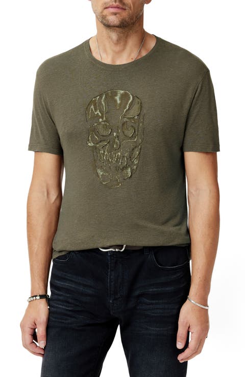 Chain Skull Appliqué Slub Linen Blend T-Shirt