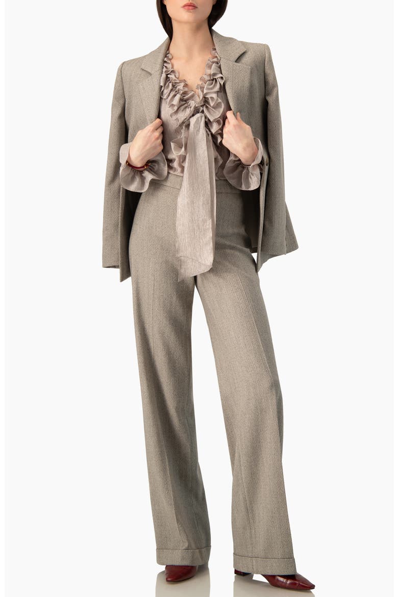 Ruffled V-neck Blouse With Lace-up Detail, Alternate, color, Beige