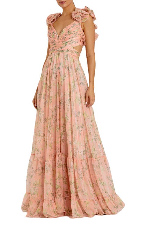 Ruffle Tiered Floral Cut-Out Chiffon Gown