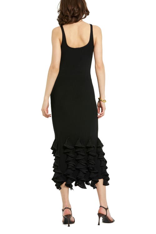 Mac Duggal Rib Knit Sleeveless Ruffle Hem Midi Dress In Black