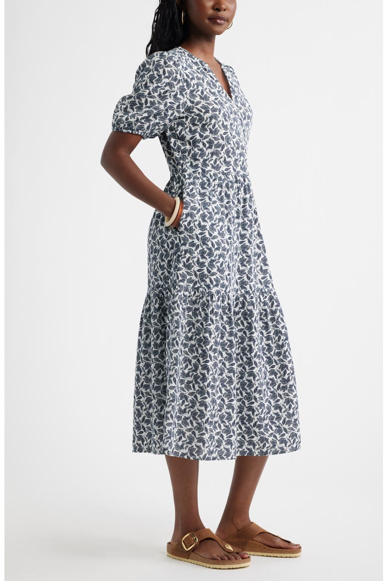 Puff Sleeve Tiered Cotton Gauze Midi Dress, Alternate, color, IVORY- NAVY CROWN FLORAL