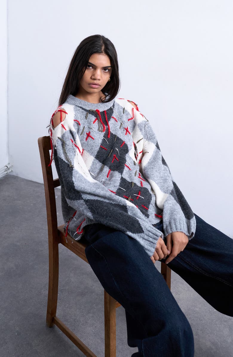 Topshop Oversize Distressed Argyle Stitch Sweater, Alternate, color, Grey