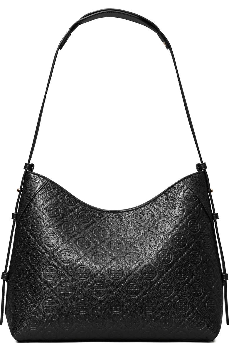 Tory Burch T Monogram Pebble Leather Messenger Bag, Main, color, Black